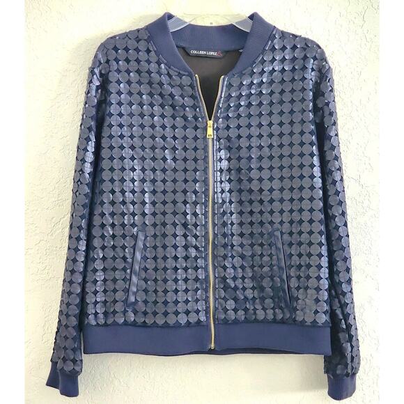 JACKET-COLLEEN LOPEZ-Navy Blue-Zipper-Unique Design-Faux Leather-Size LRG - Picture 1 of 15